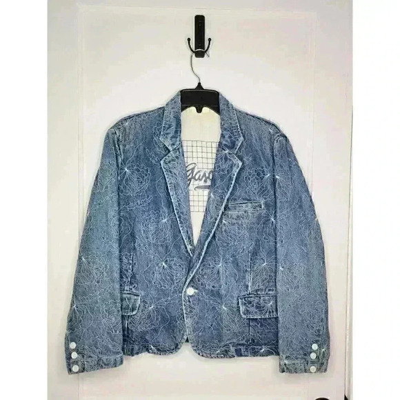 Size Medium Large Vtg Gasoline Denim Blazer Jacket Abstract Floral - Picture 1 of 4